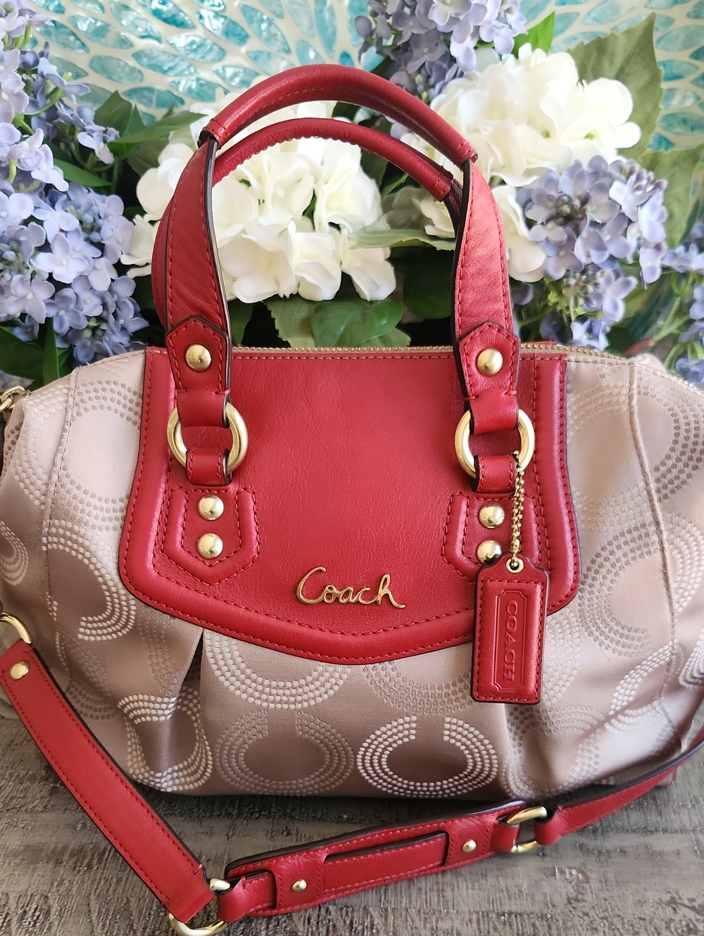 Coach Red & Beige Signature Satchel. Perfect Fall And Winter Bag!